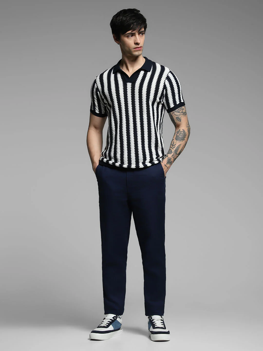 Navy Blue Striped Knitted Cotton Polo - Image 6