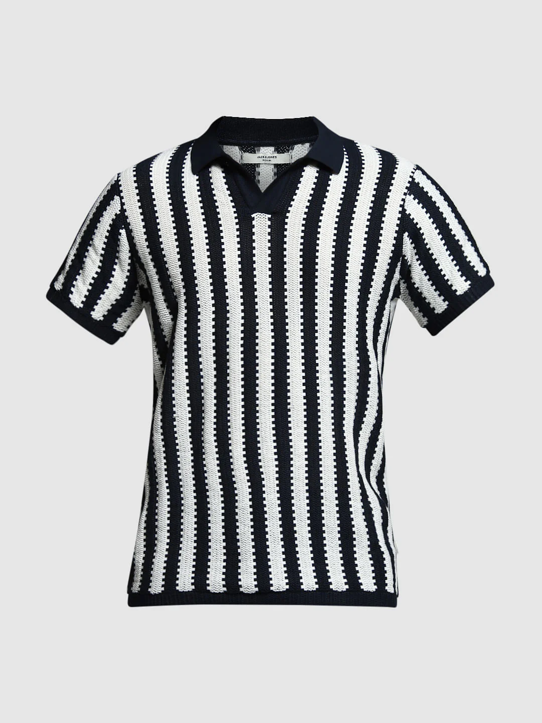 Navy Blue Striped Knitted Cotton Polo - Image 7