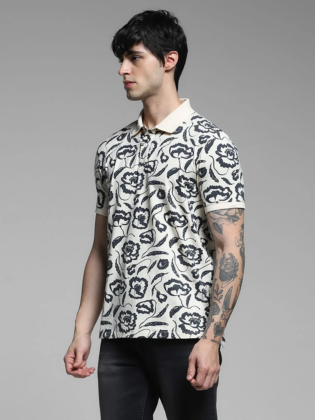 White Abstract Print Cotton Polo - Image 3
