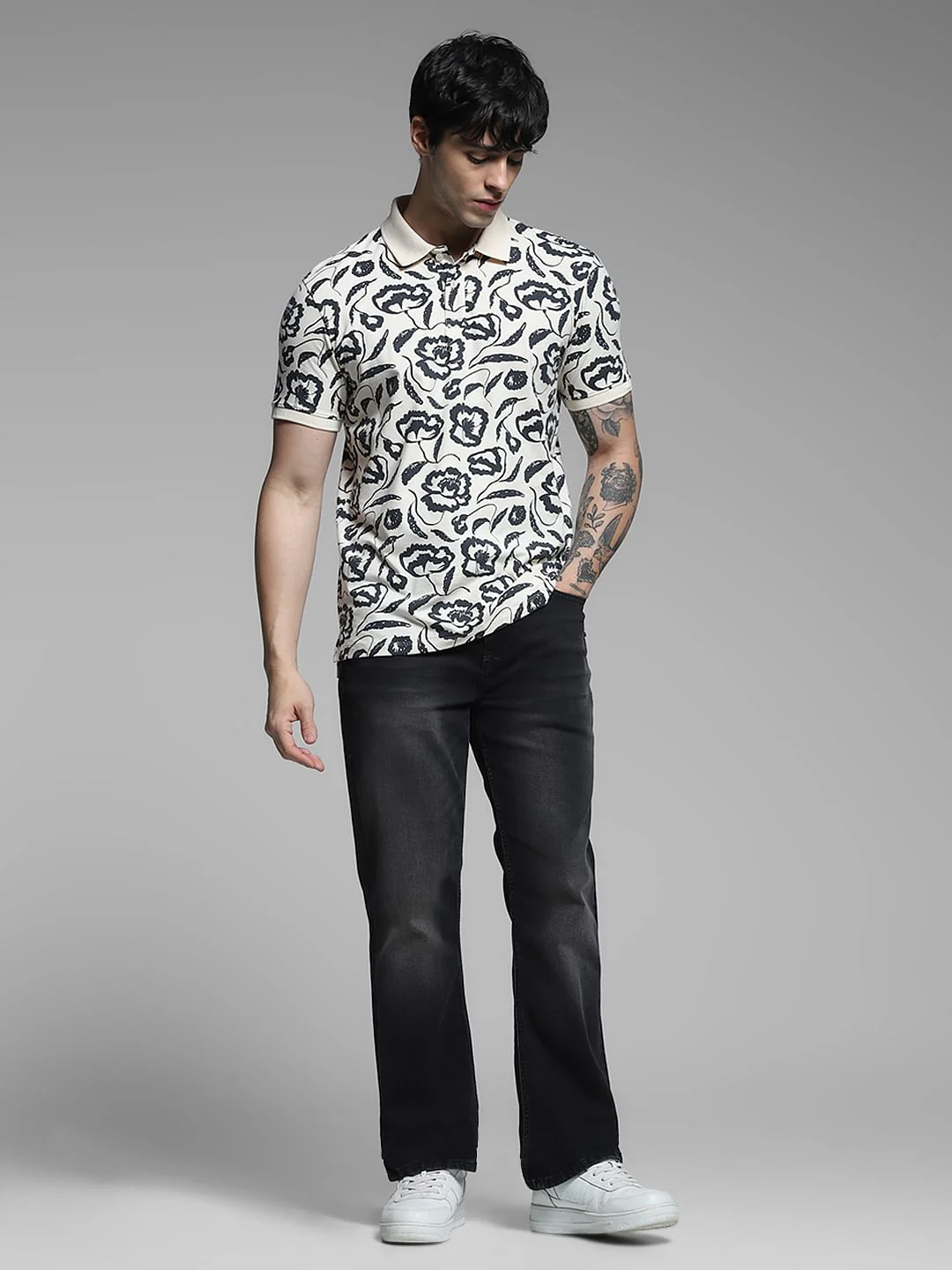 White Abstract Print Cotton Polo - Image 6