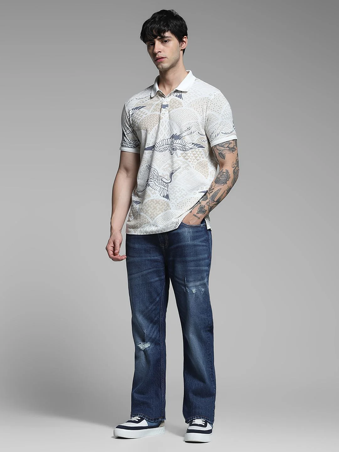 White Printed Cotton Polo - Image 6