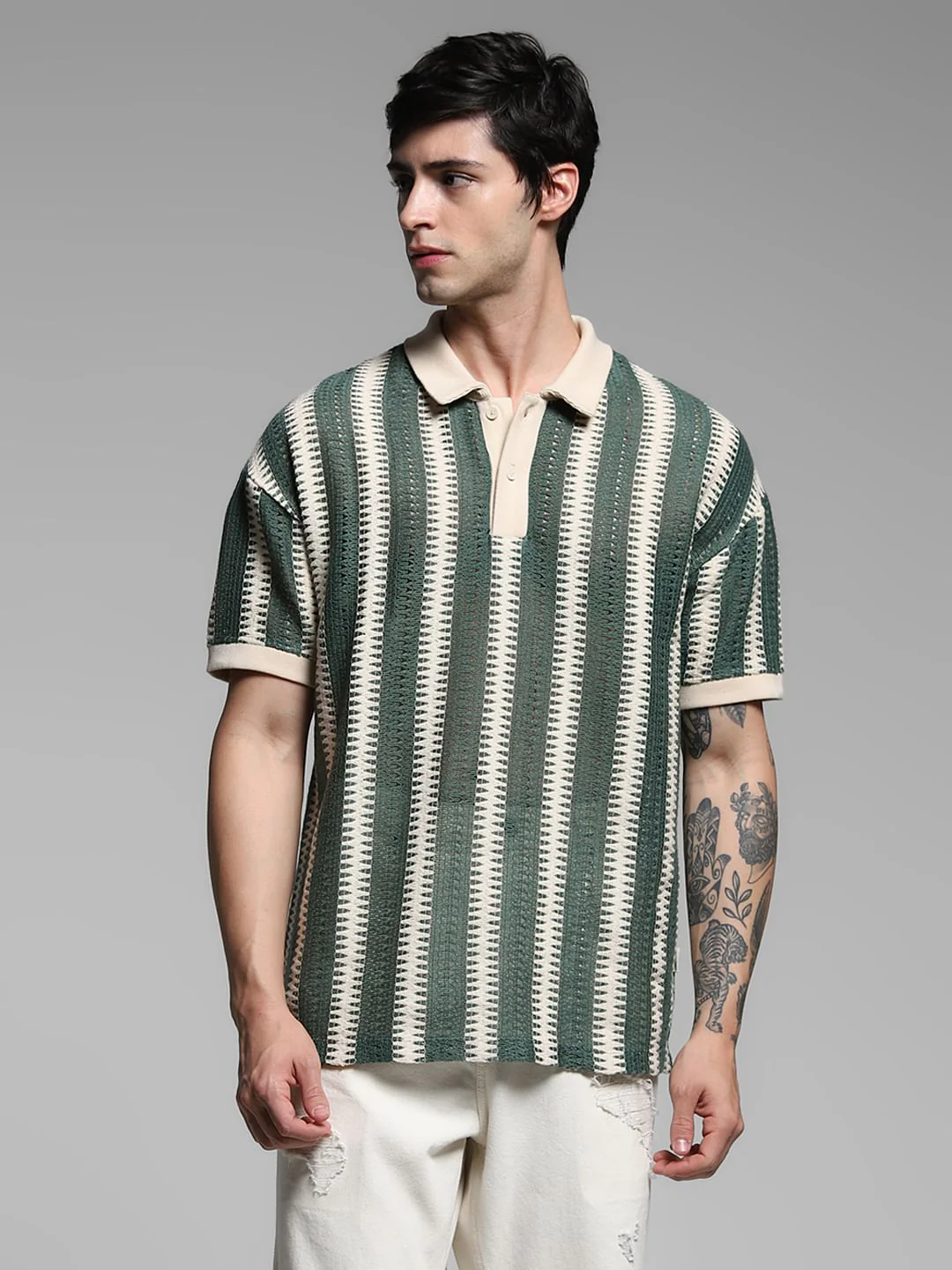 Green Striped Knitted Polo - Image 2