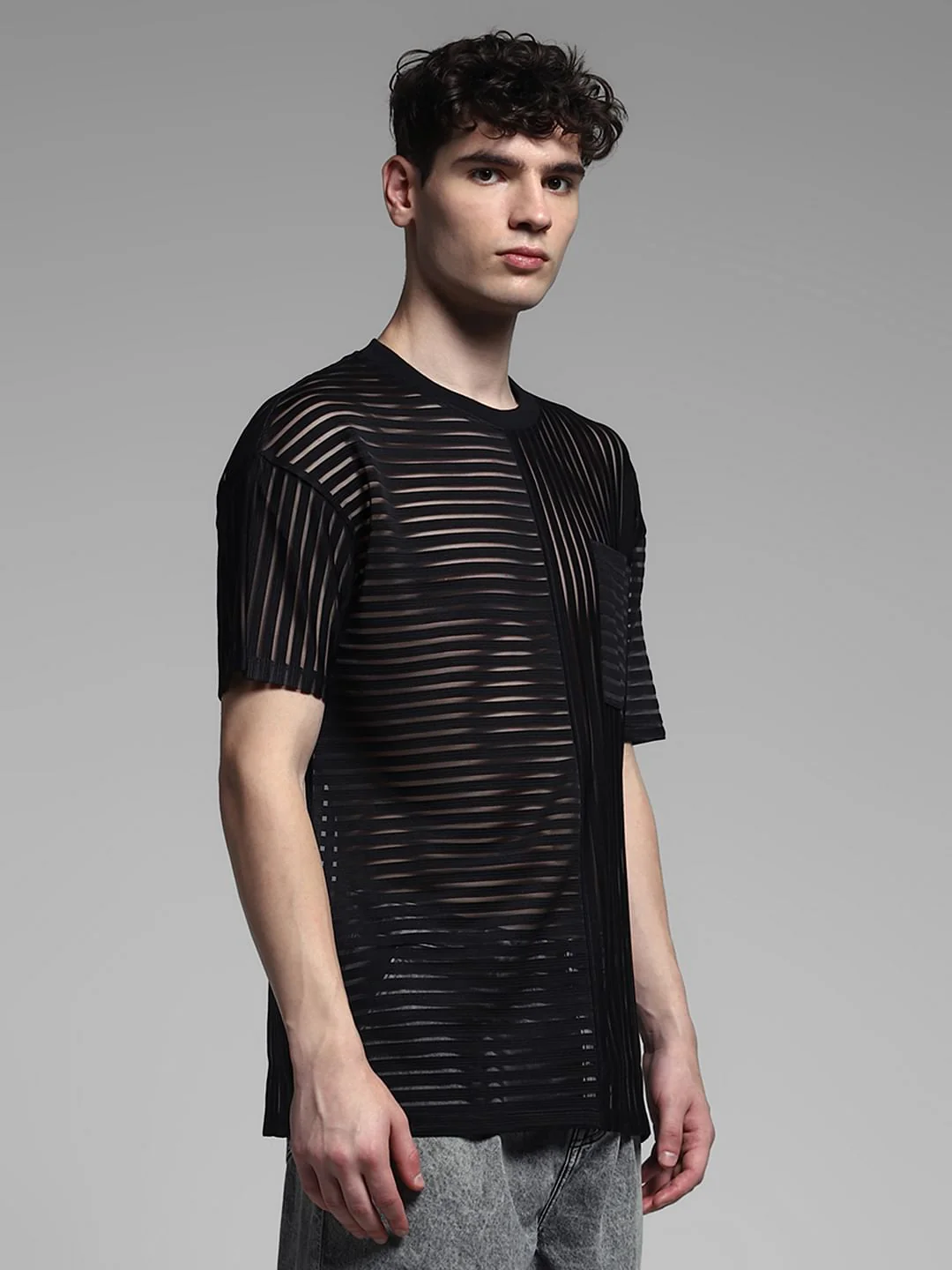 Black Striped Sheer Oversized T-shirt - Image 3