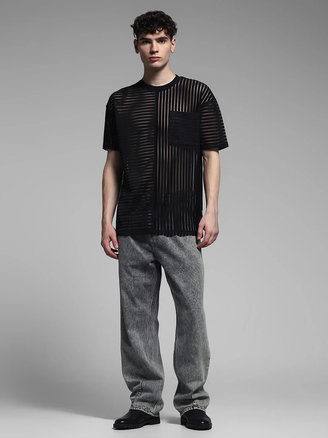 Black Striped Sheer Oversized T-shirt - Image 6