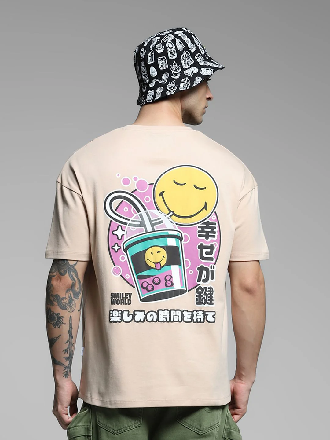 SmileyWorld Beige Printed Boxy Fit T-shirt