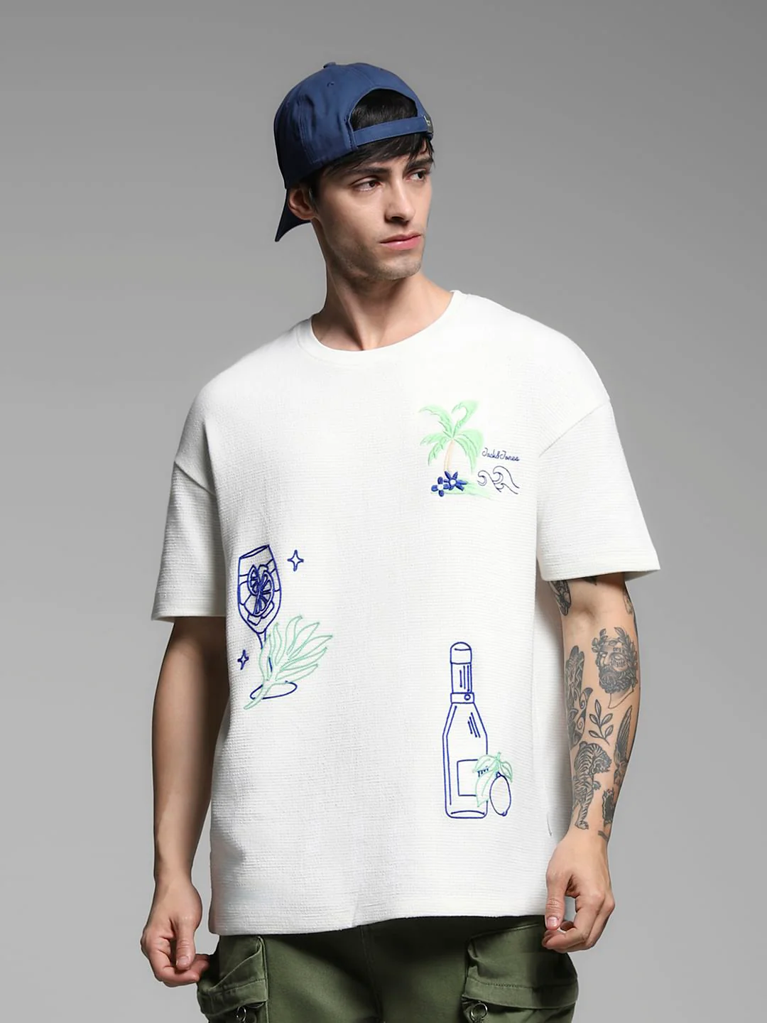 White Embroidered Print Oversized T-shirt