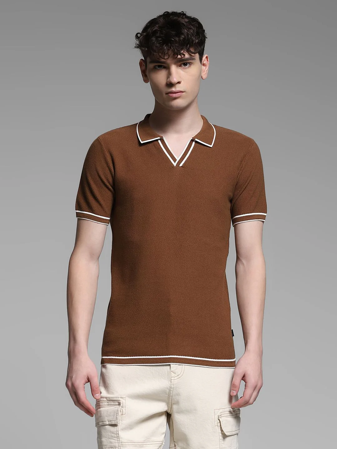 Brown Flat Knit Contrast Tipping Polo - Image 2