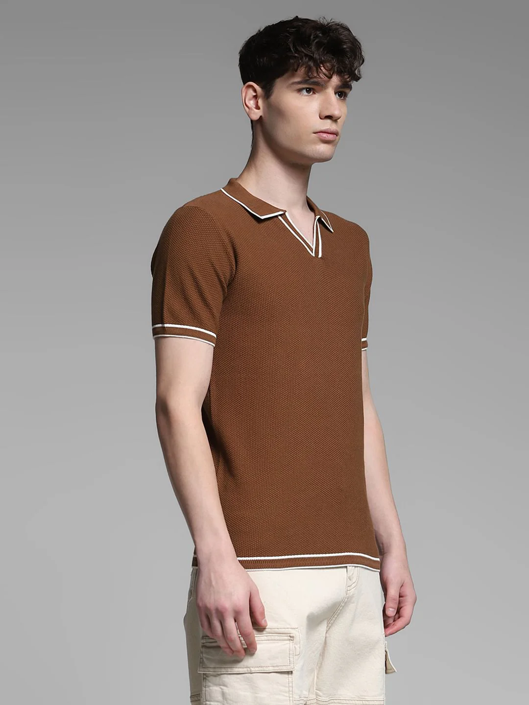 Brown Flat Knit Contrast Tipping Polo - Image 3