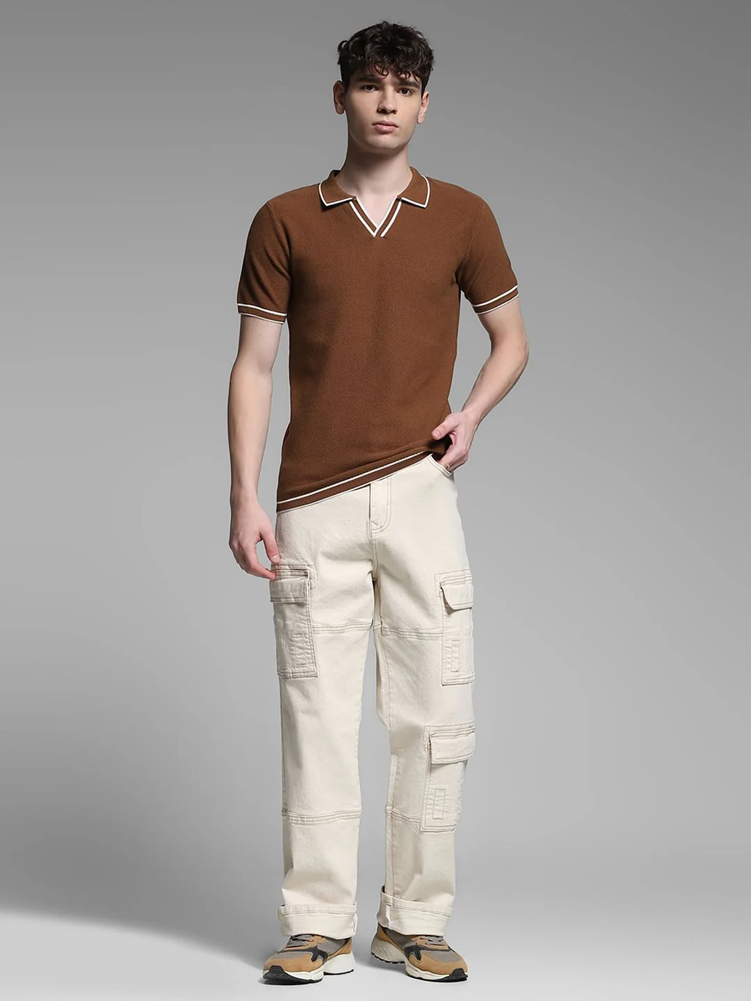 Brown Flat Knit Contrast Tipping Polo - Image 6
