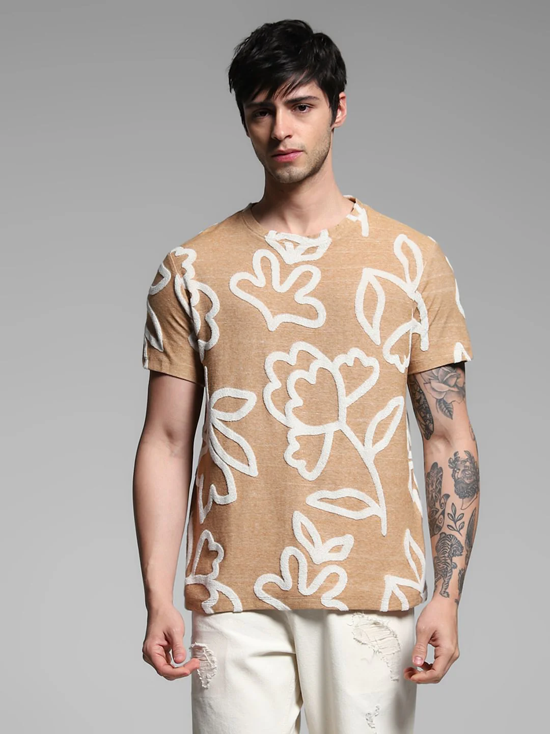 Brown Jacquard Printed Cotton T-shirt - Image 2