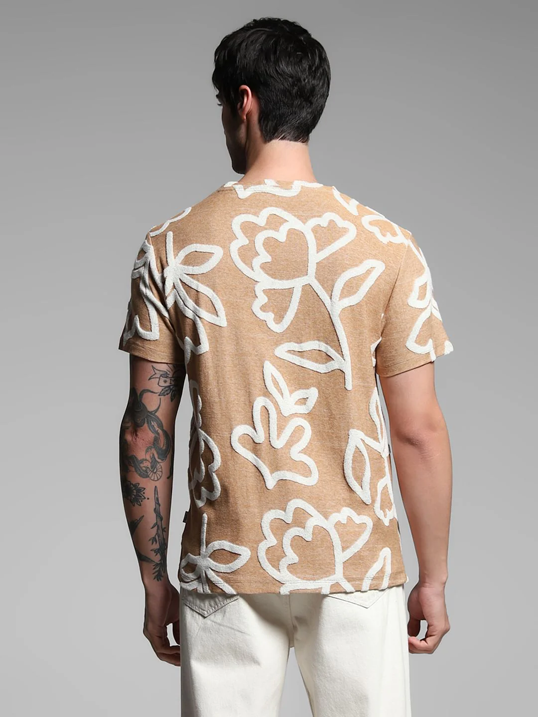 Brown Jacquard Printed Cotton T-shirt - Image 4