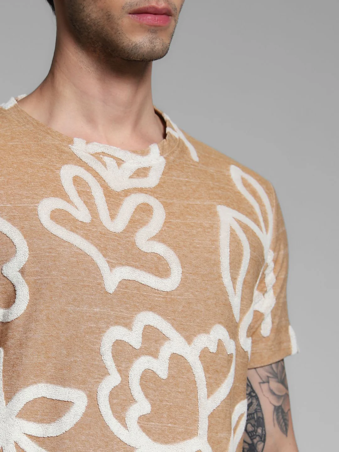 Brown Jacquard Printed Cotton T-shirt - Image 5
