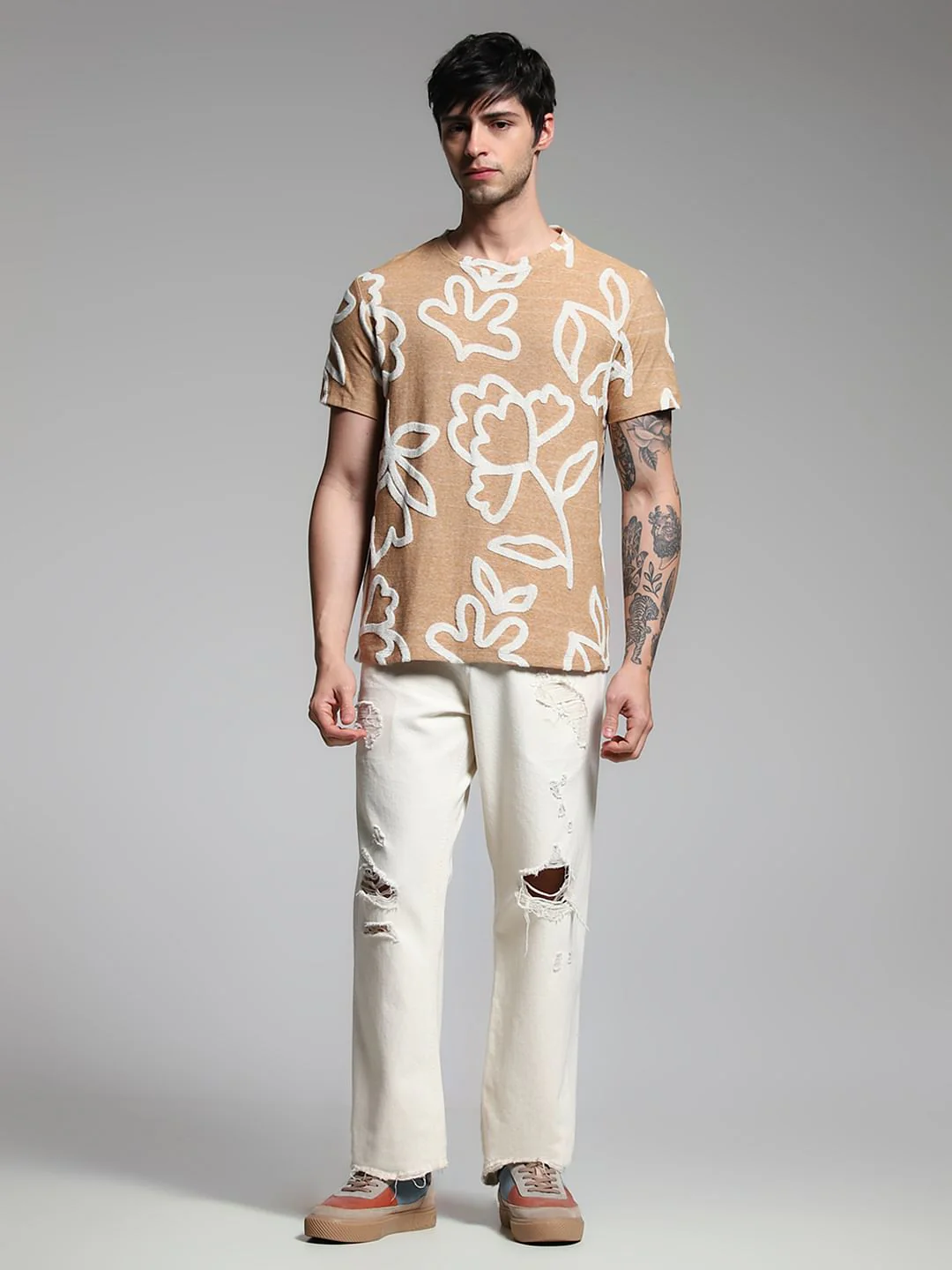 Brown Jacquard Printed Cotton T-shirt - Image 6