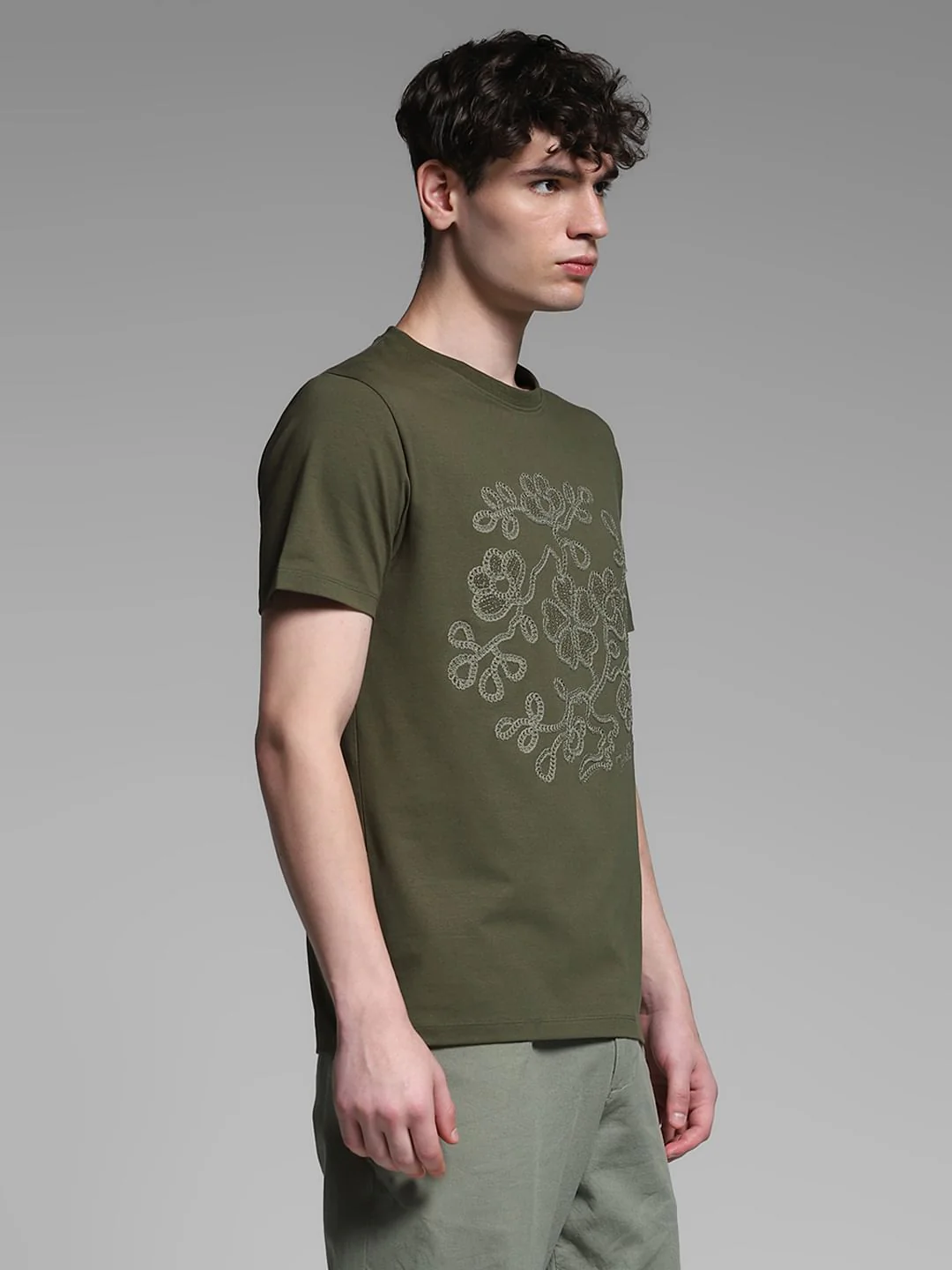 Olive Embroidered Print Cotton T-shirt - Image 3