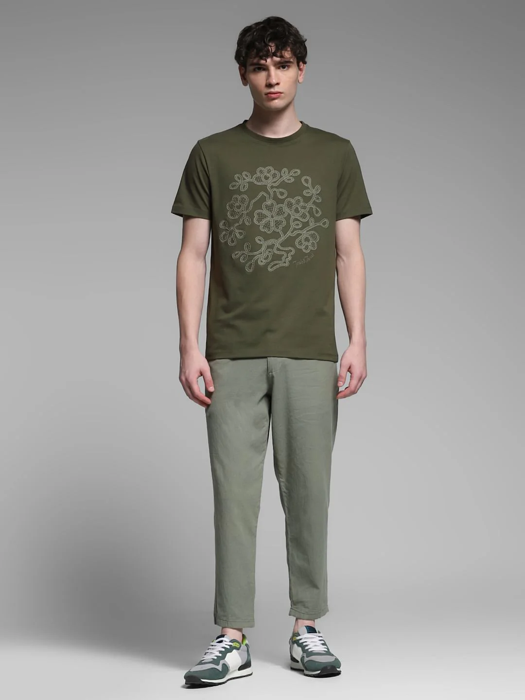 Olive Embroidered Print Cotton T-shirt - Image 6