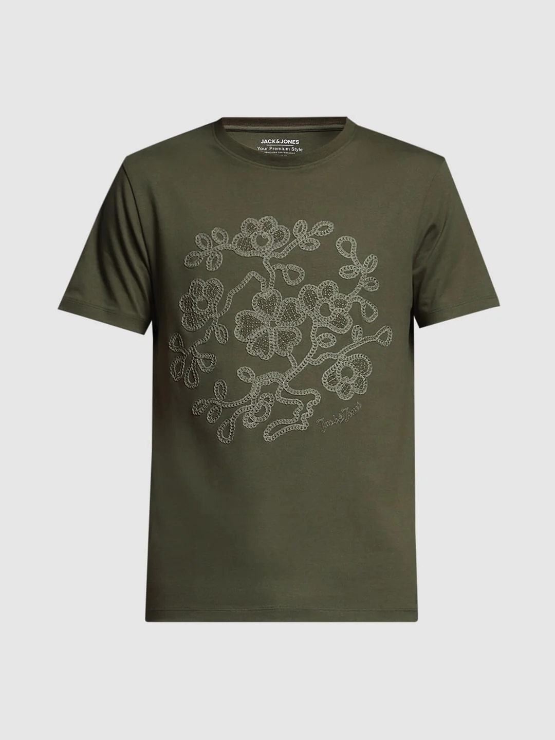 Olive Embroidered Print Cotton T-shirt - Image 7
