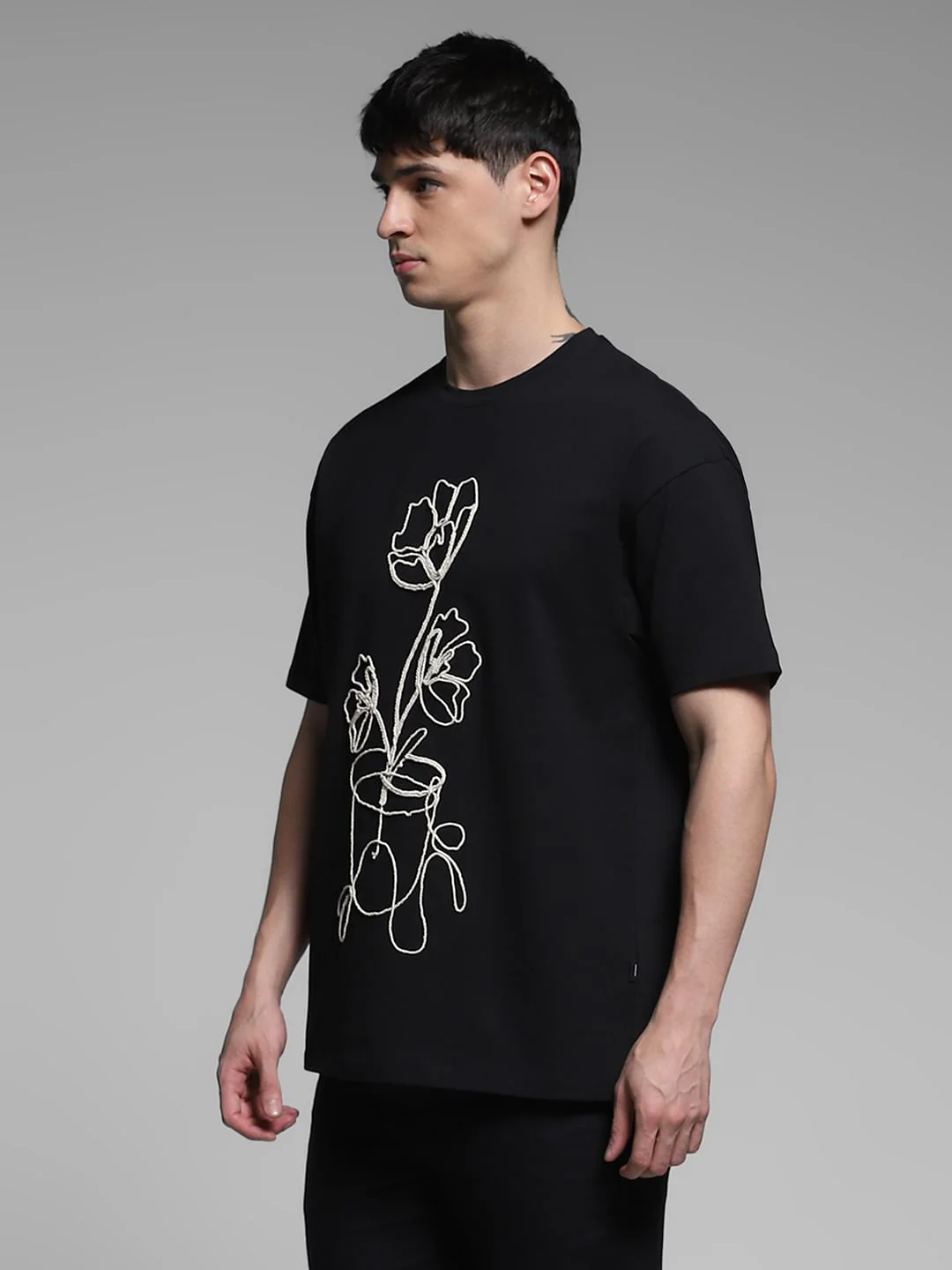 Black Printed Boxy Fit Cotton T-shirt - Image 3