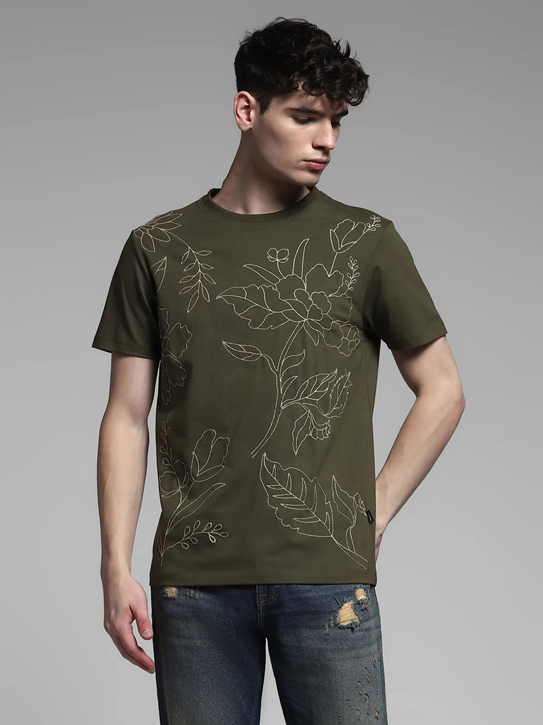 Olive Embroidered Print Cotton T-shirt - Image 2