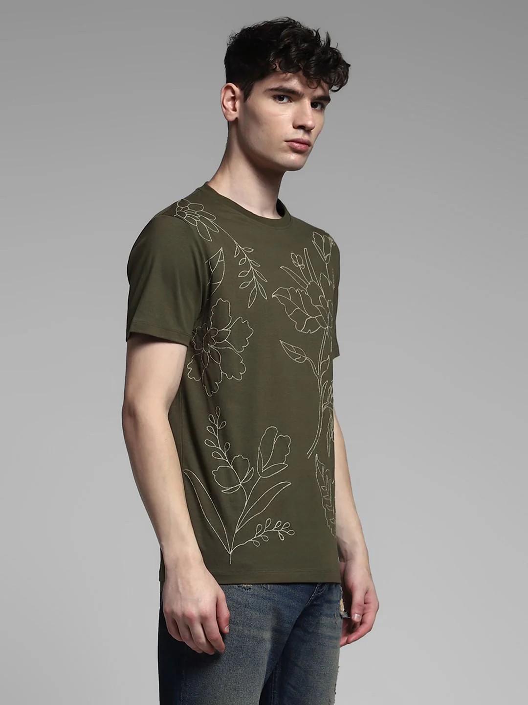 Olive Embroidered Print Cotton T-shirt - Image 3
