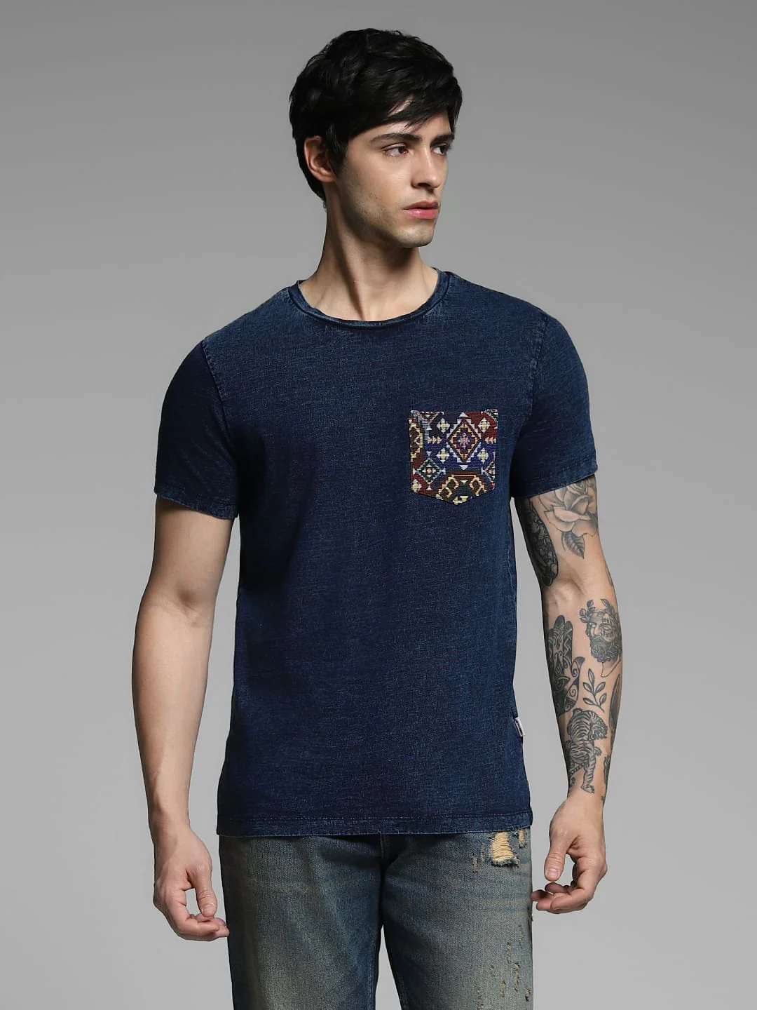 Blue Printed Pocket Cotton T-shirt - Image 2