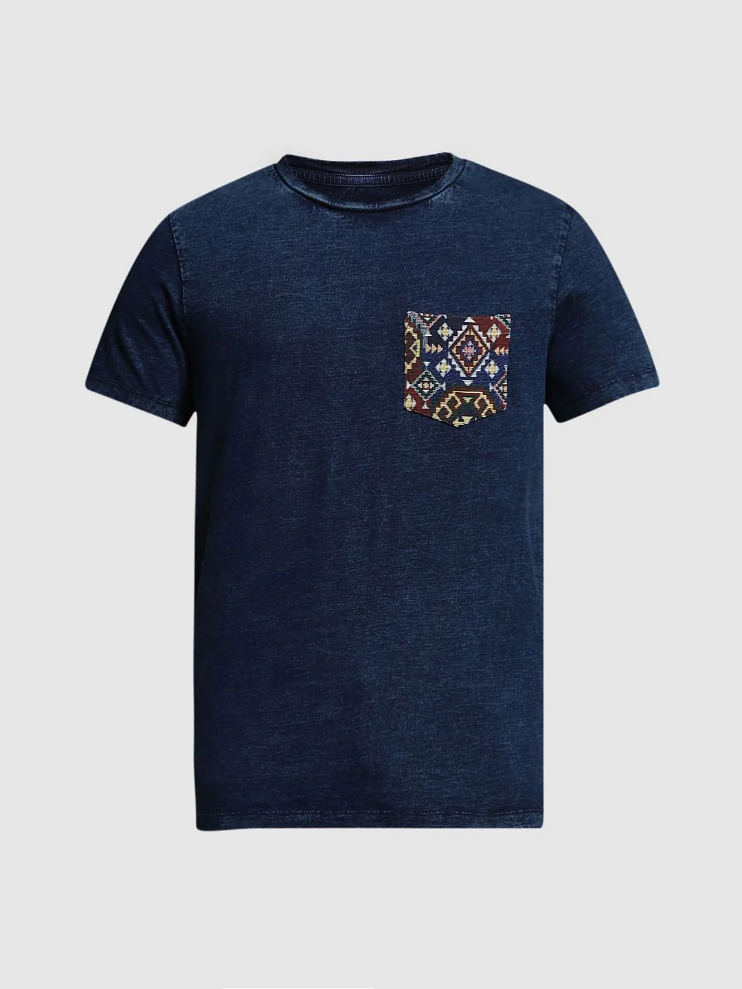 Blue Printed Pocket Cotton T-shirt - Image 7