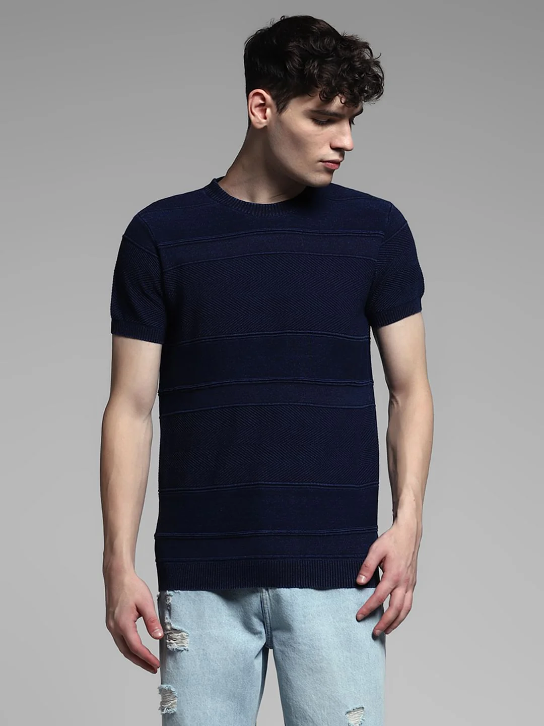 Blue Striped Knitted Crew Neck T-shirt - Image 2