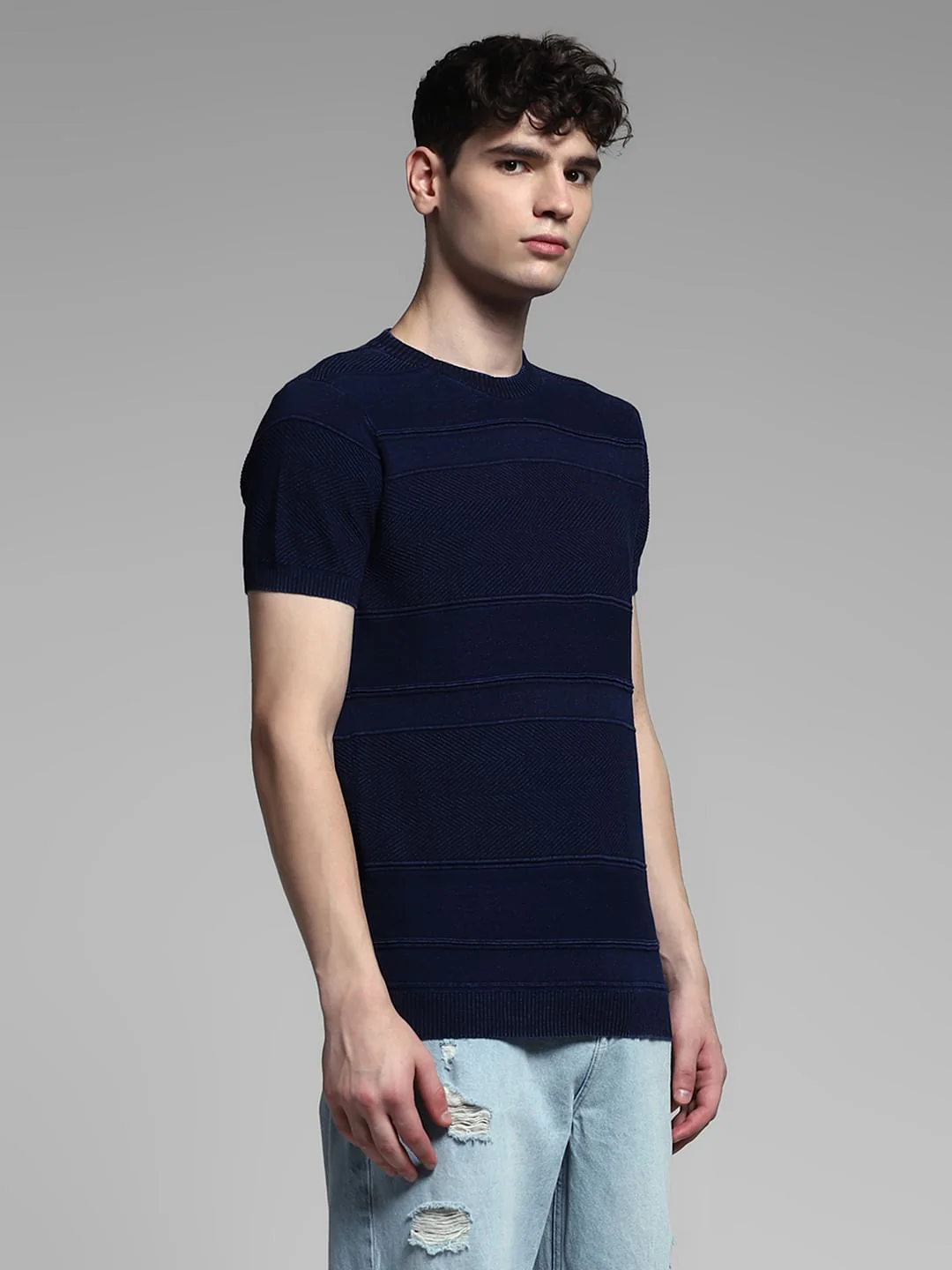 Blue Striped Knitted Crew Neck T-shirt - Image 3