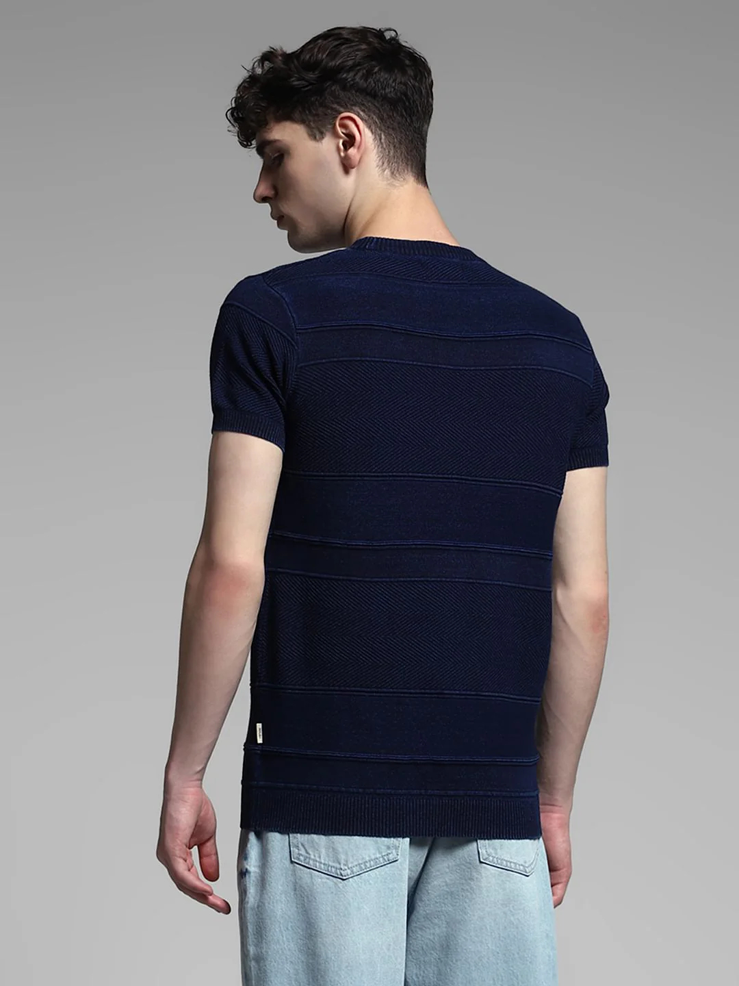 Blue Striped Knitted Crew Neck T-shirt - Image 4