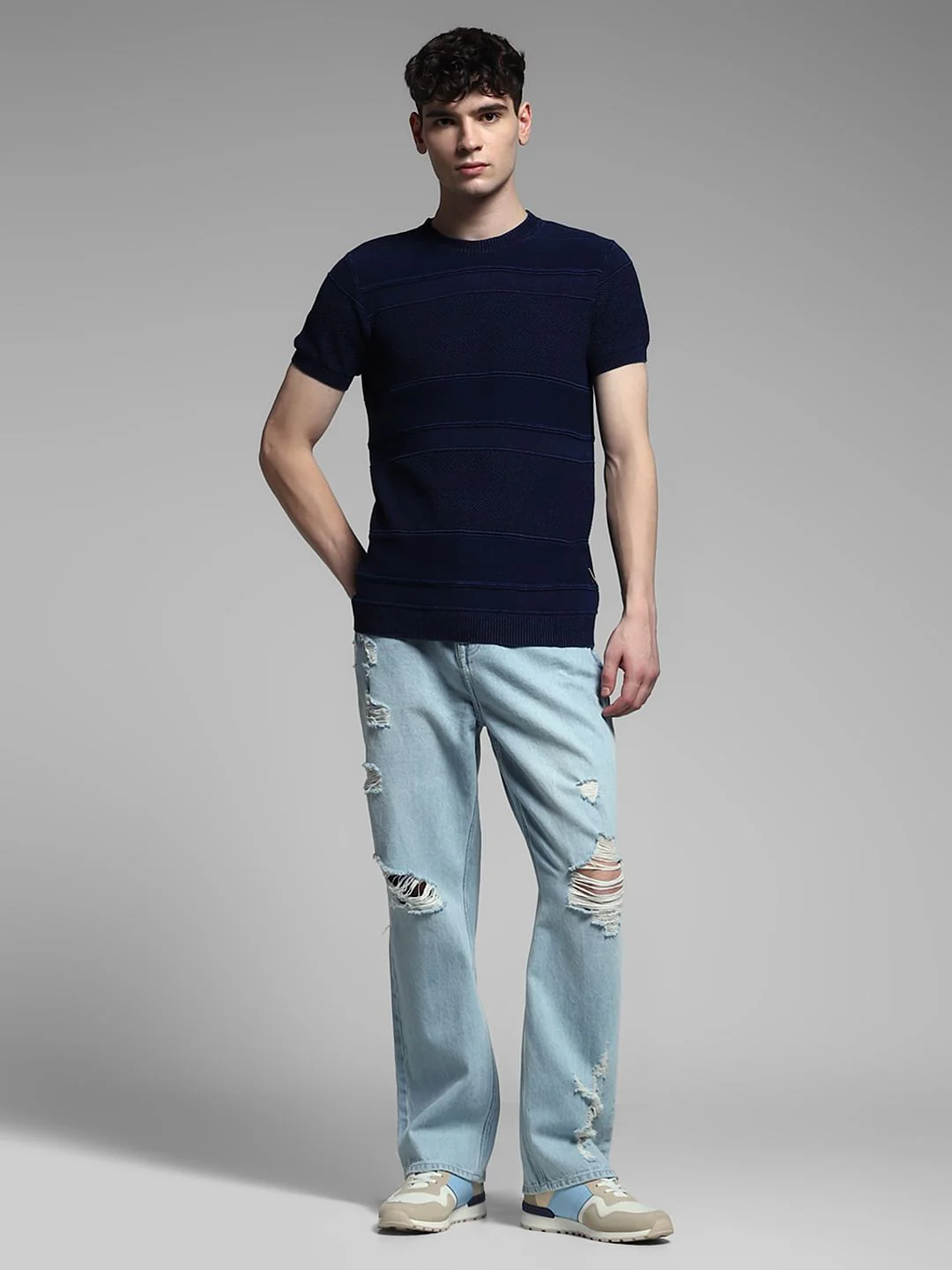 Blue Striped Knitted Crew Neck T-shirt - Image 6
