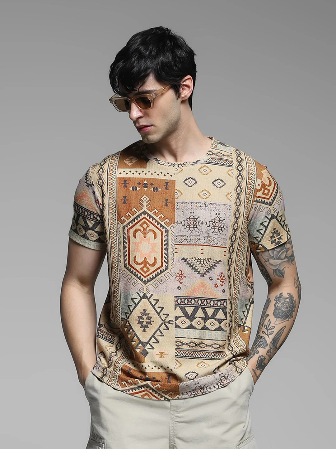 Brown Printed Cotton T-shirt