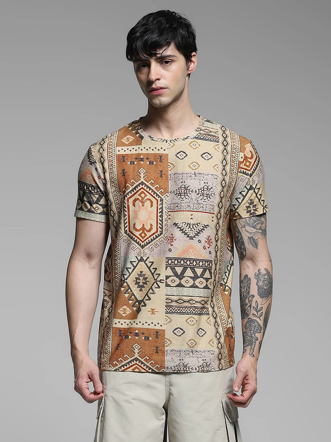 Brown Printed Cotton T-shirt - Image 2