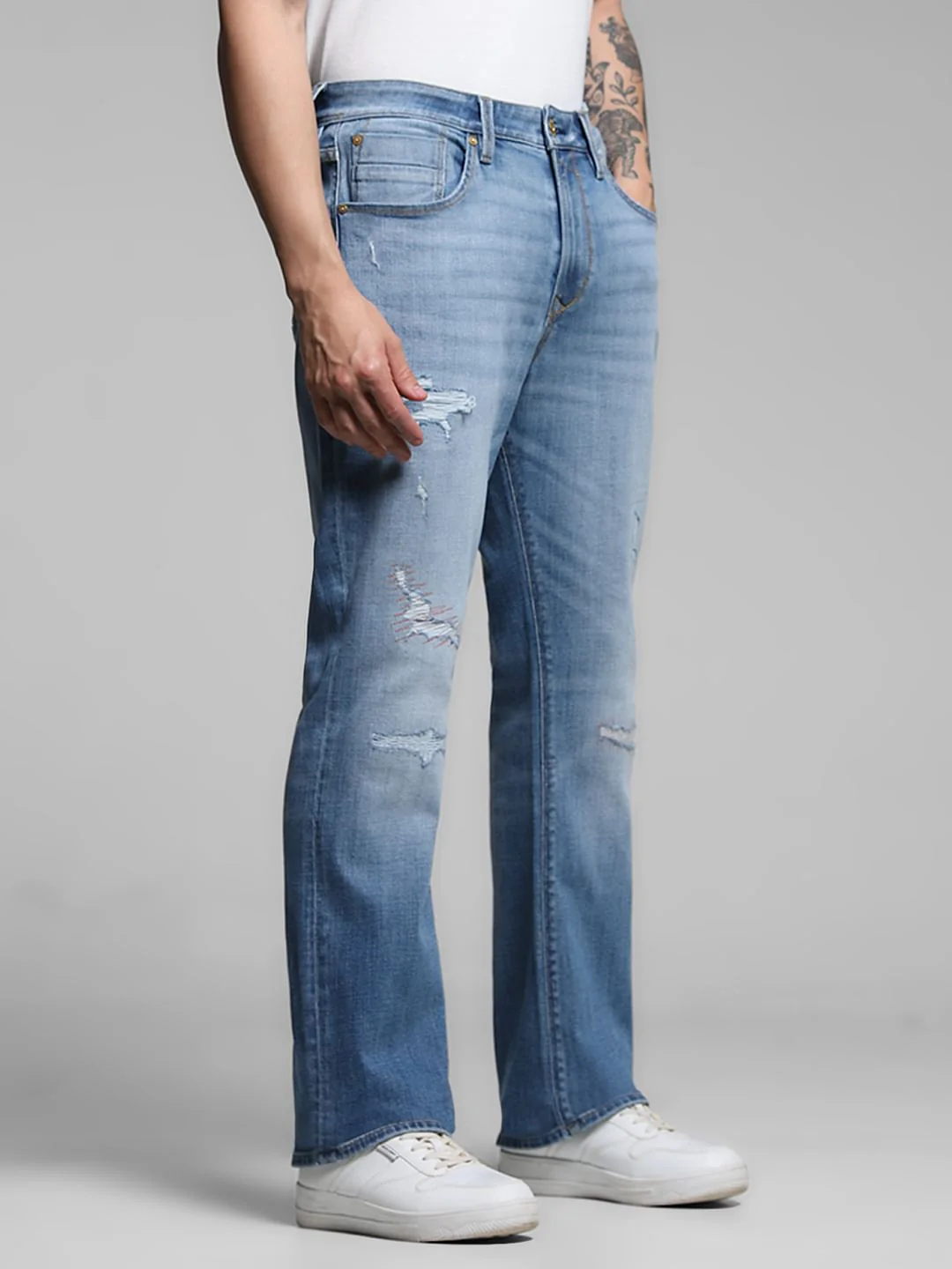 Light Blue High Rise Distressed Bootcut Jeans - Image 2