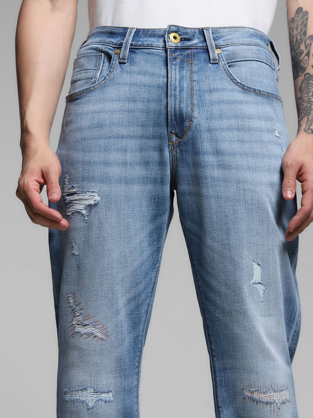 Light Blue High Rise Distressed Bootcut Jeans - Image 4