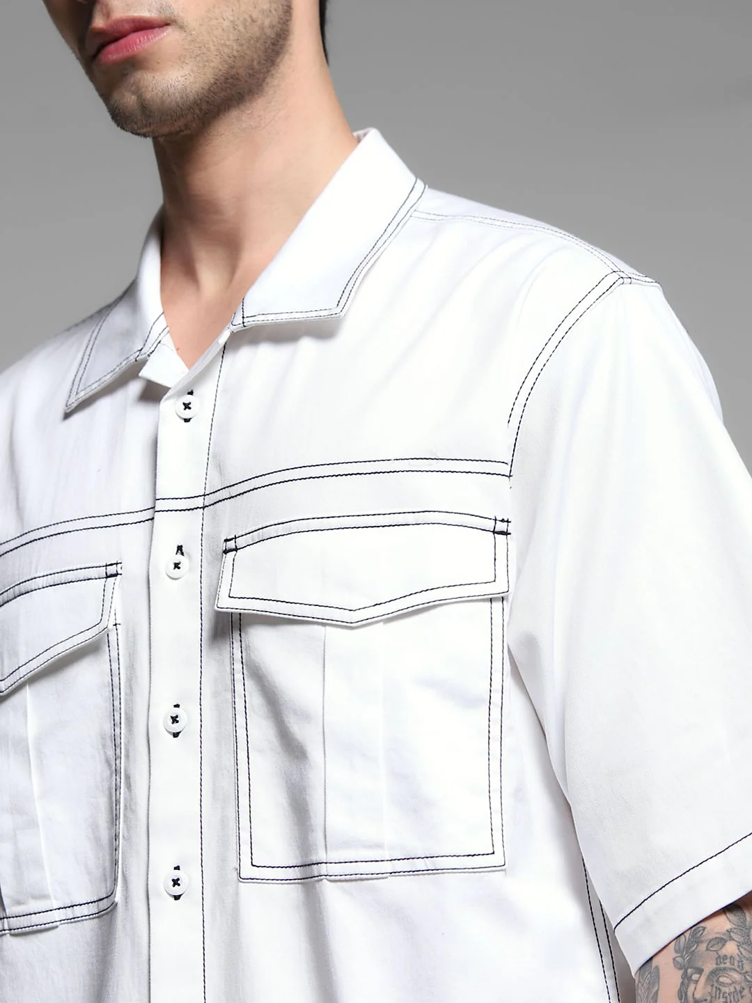 White Contrast Stitch Co-ord Set Overshirt - Image 5