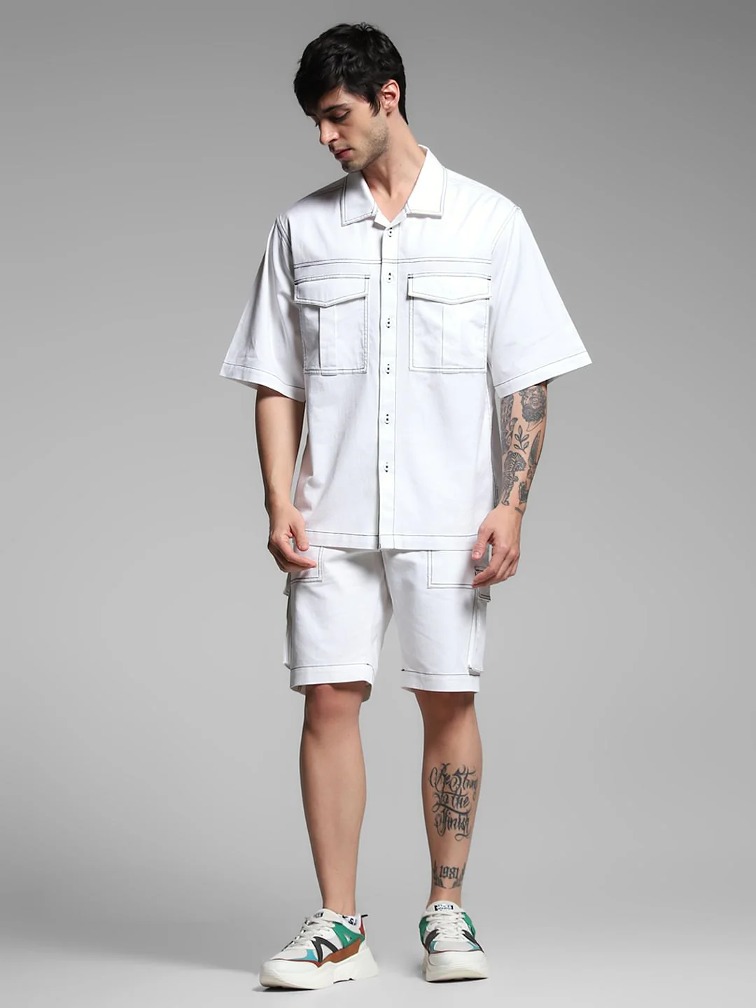 White Contrast Stitch Co-ord Set Overshirt - Image 6