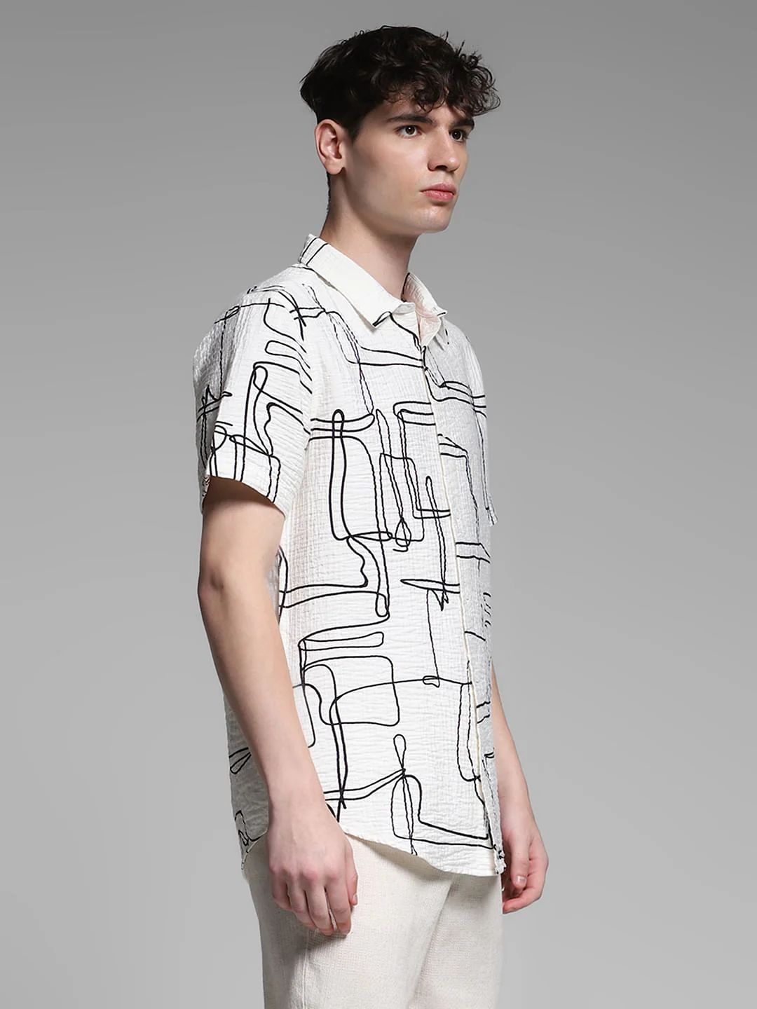 White Abstract Print Cotton Shirt - Image 3