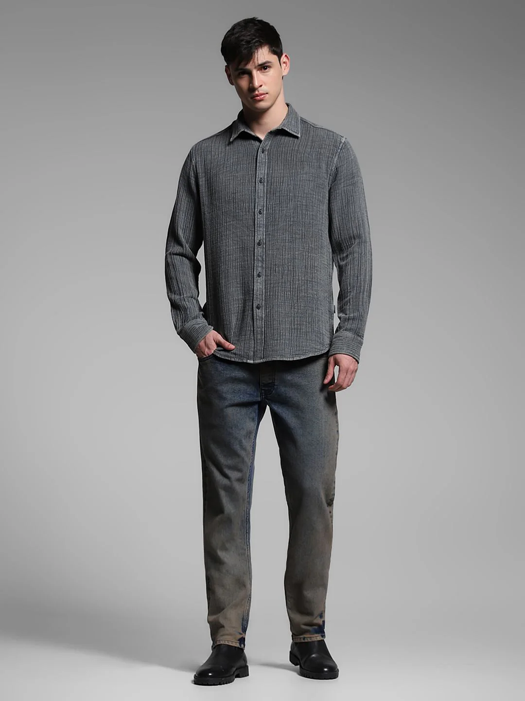 Grey Acid Washed Cotton Shirt - Image 6