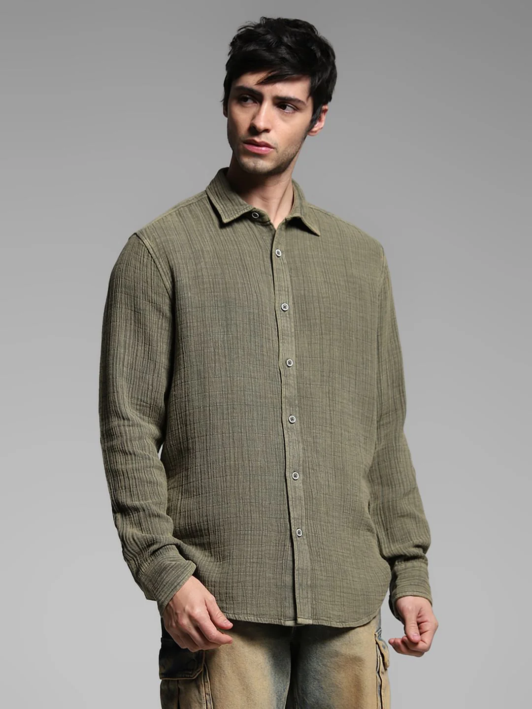 Green Acid Washed Cotton Shirt - Image 2