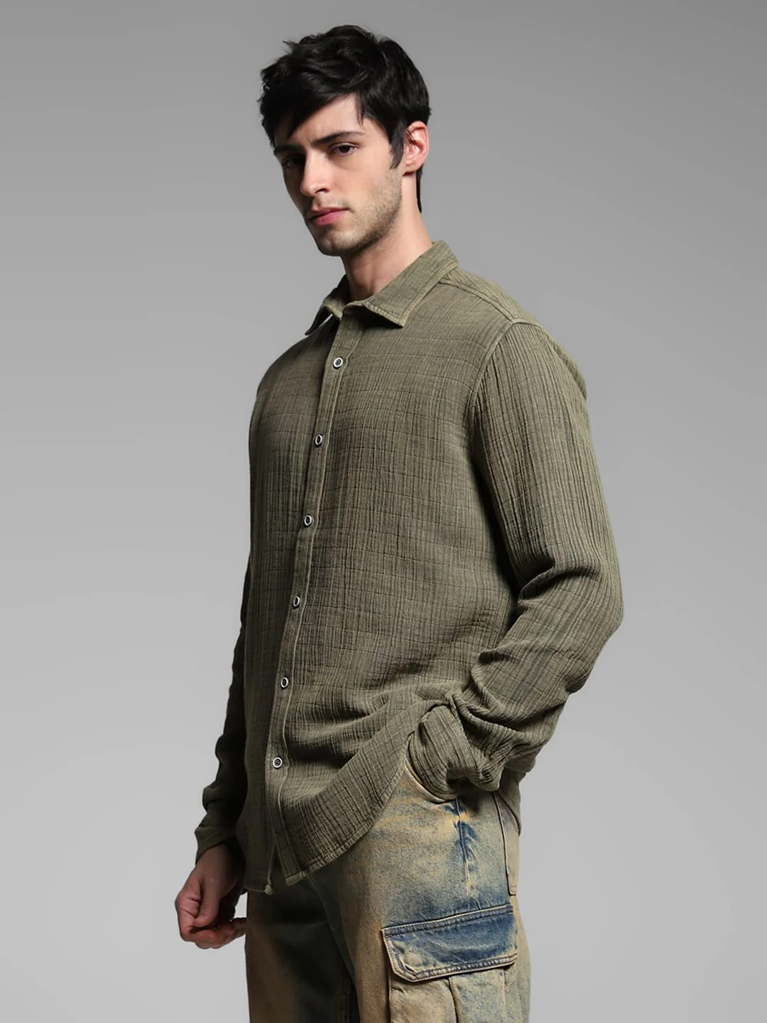 Green Acid Washed Cotton Shirt - Image 3