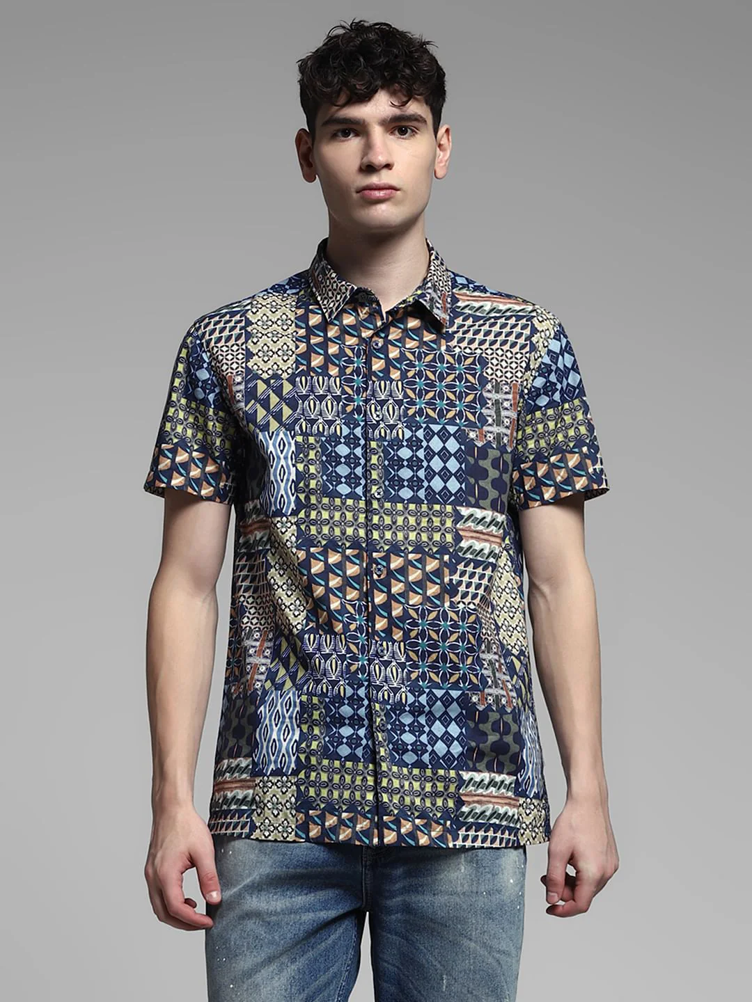 Dark Blue Abstract Print Shirt - Image 2