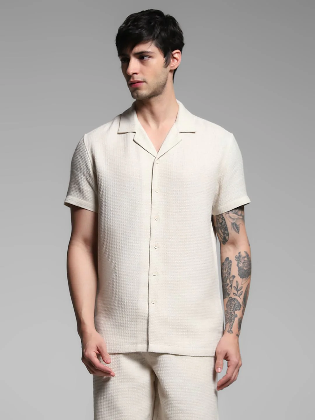 Ecru Waffle Textured Co-ord Set Shirt - Image 2