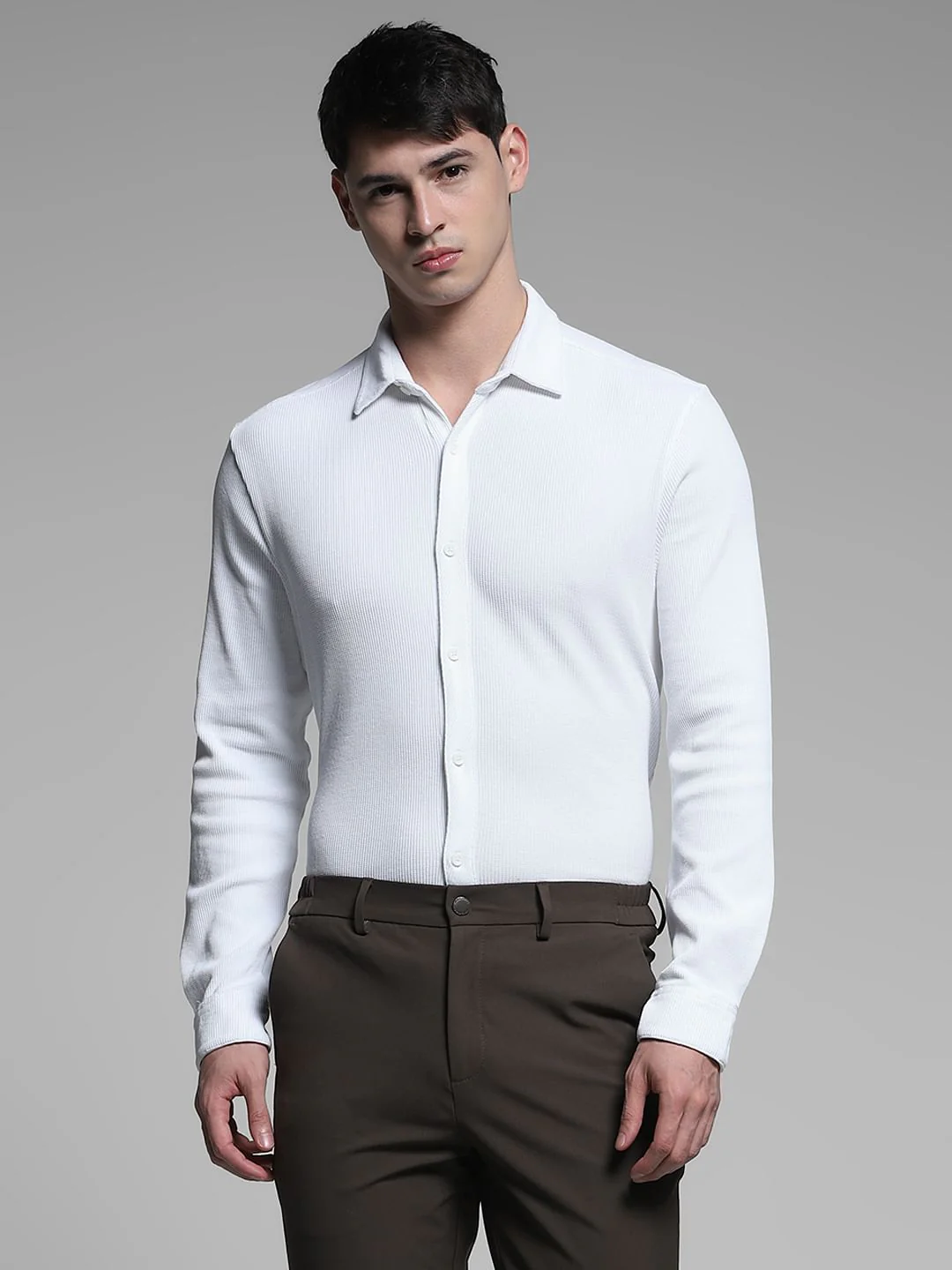 White Knitted Slim Fit Shirt - Image 2