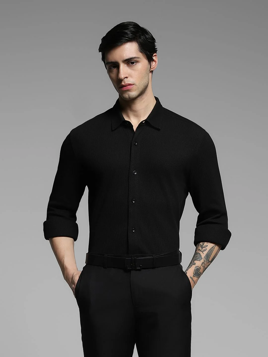 Black Knitted Full Sleeves Shirt