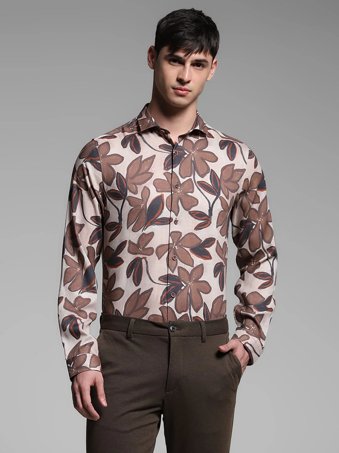 Brown Floral Lyocell Linen Shirt - Image 2