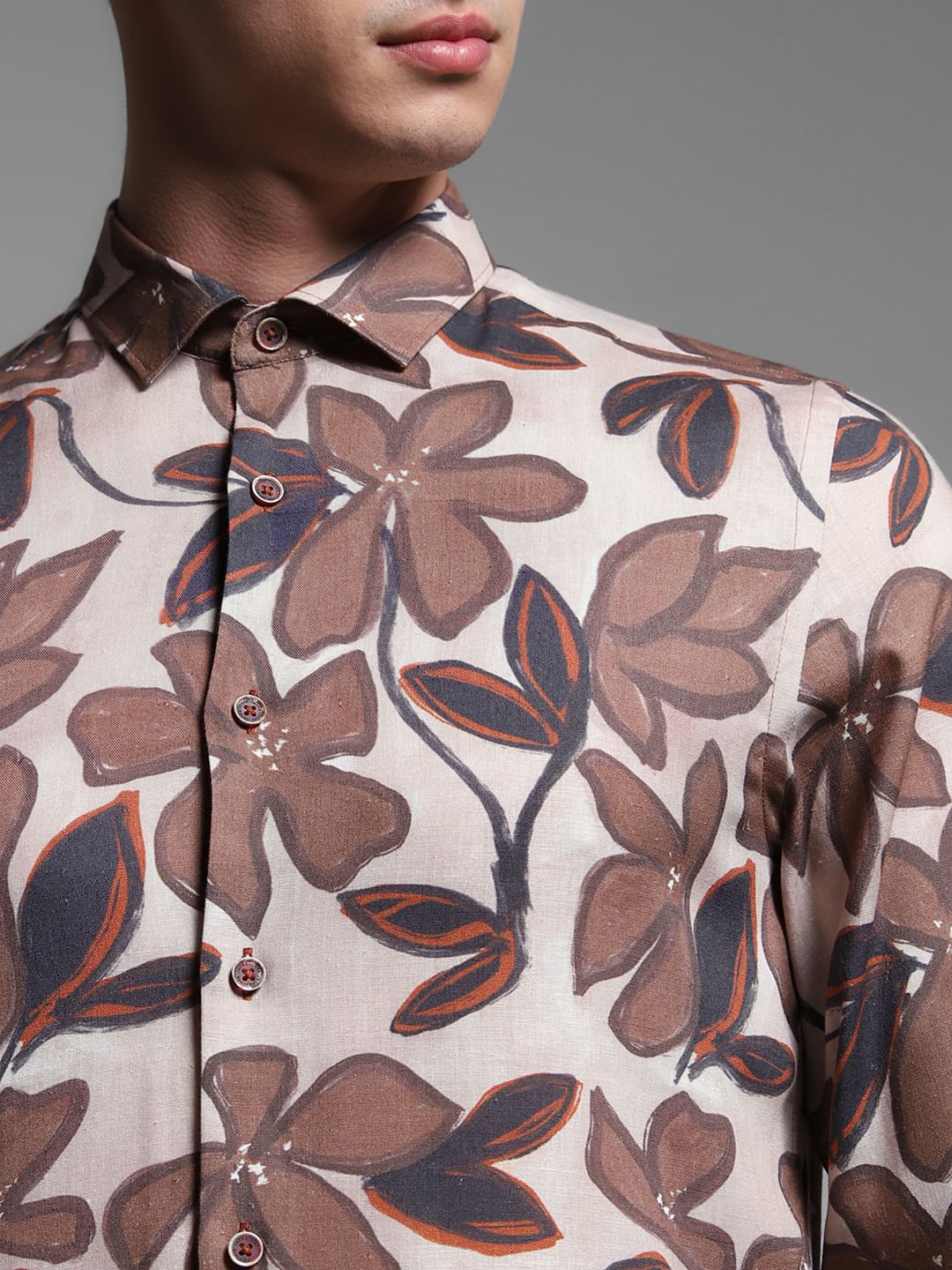 Brown Floral Lyocell Linen Shirt - Image 5
