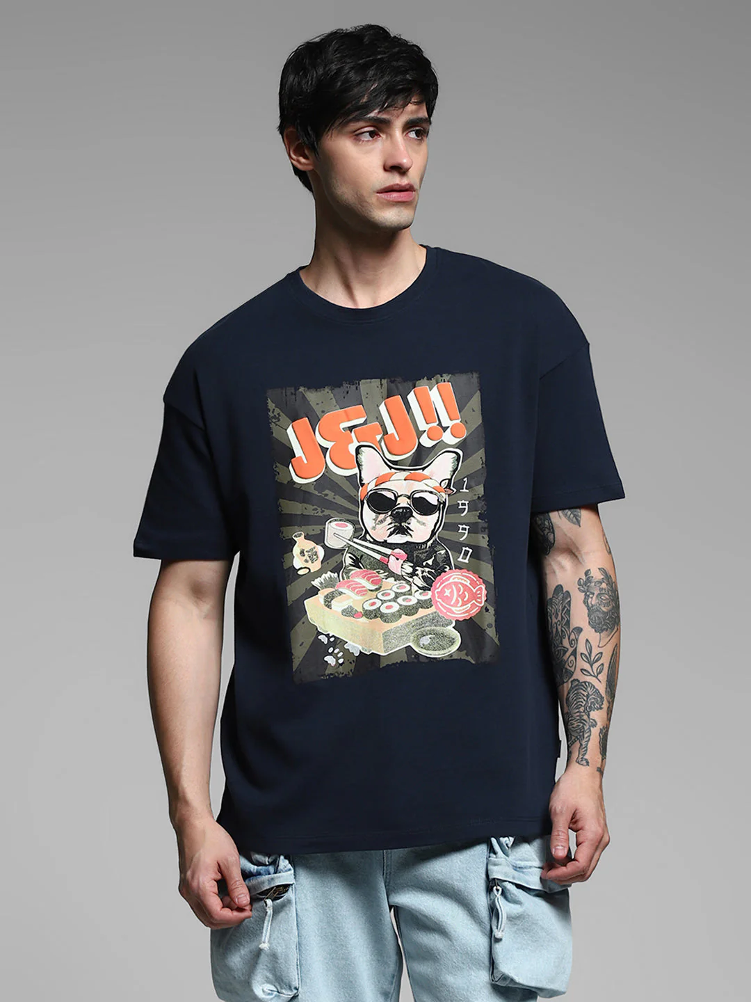 Navy Blue Printed Cotton T-shirt - Image 2