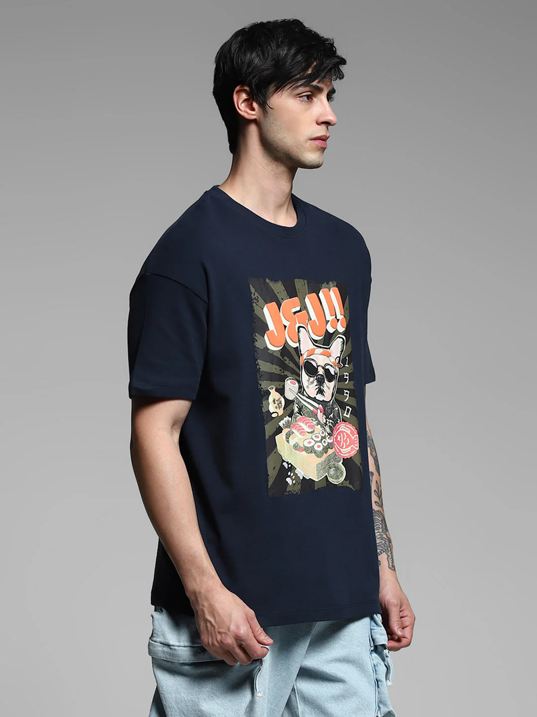 Navy Blue Printed Cotton T-shirt - Image 3