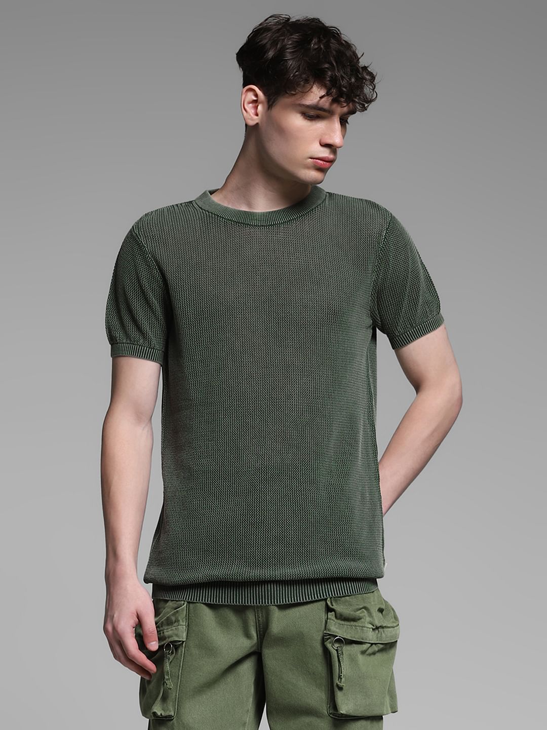 Olive Knitted Crew Neck T-shirt - Image 2