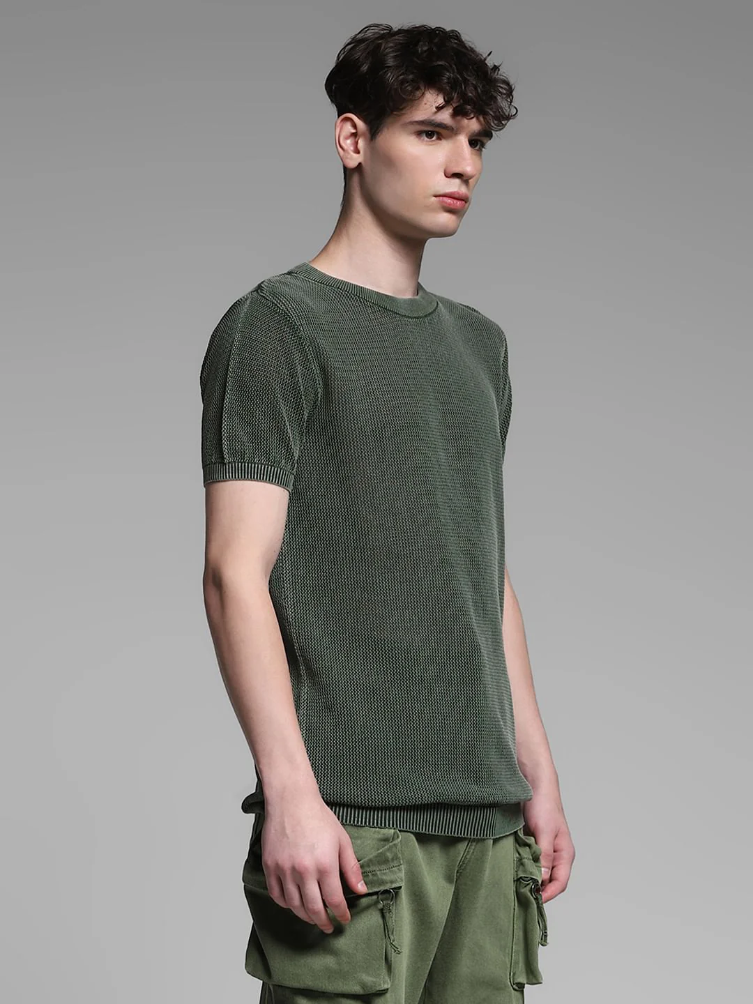 Olive Knitted Crew Neck T-shirt - Image 3