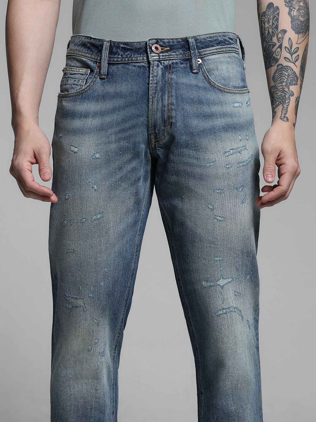 Dark Blue Low Rise Distressed Regular Fit Jeans - Image 4